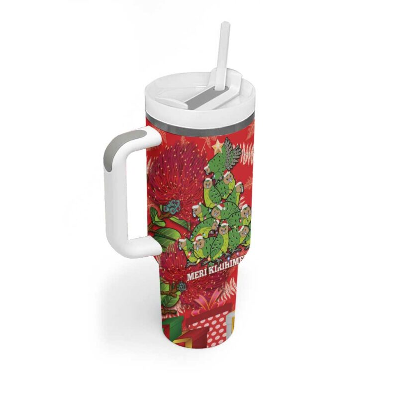 Kakapo New Zealand Christmas Meri Kirihimete Pohutukawa Red Color Custom Stanley Quencher 40oz Stainless Steel Tumbler With Handle - Threewoofs - Image 2