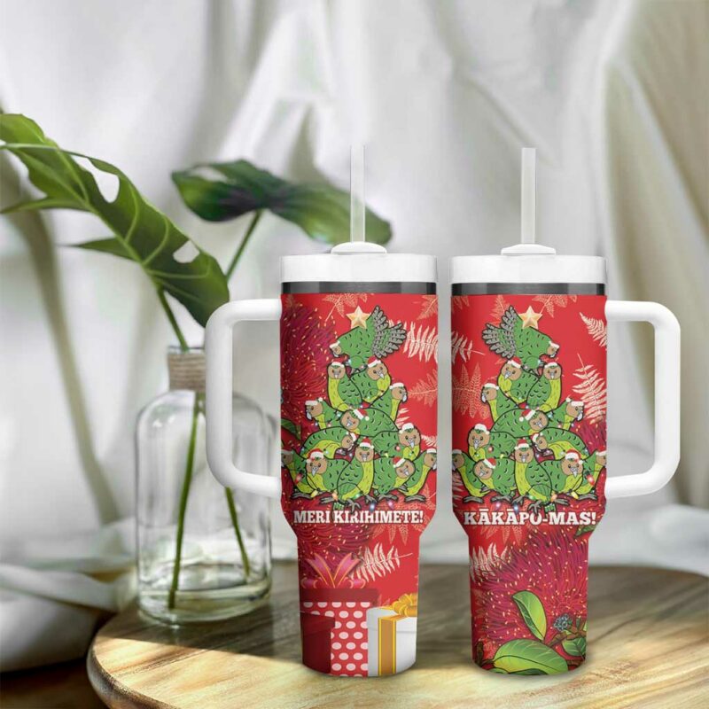 Kakapo New Zealand Christmas Meri Kirihimete Pohutukawa Red Color Custom Stanley Quencher 40oz Stainless Steel Tumbler With Handle - Threewoofs - Image 9