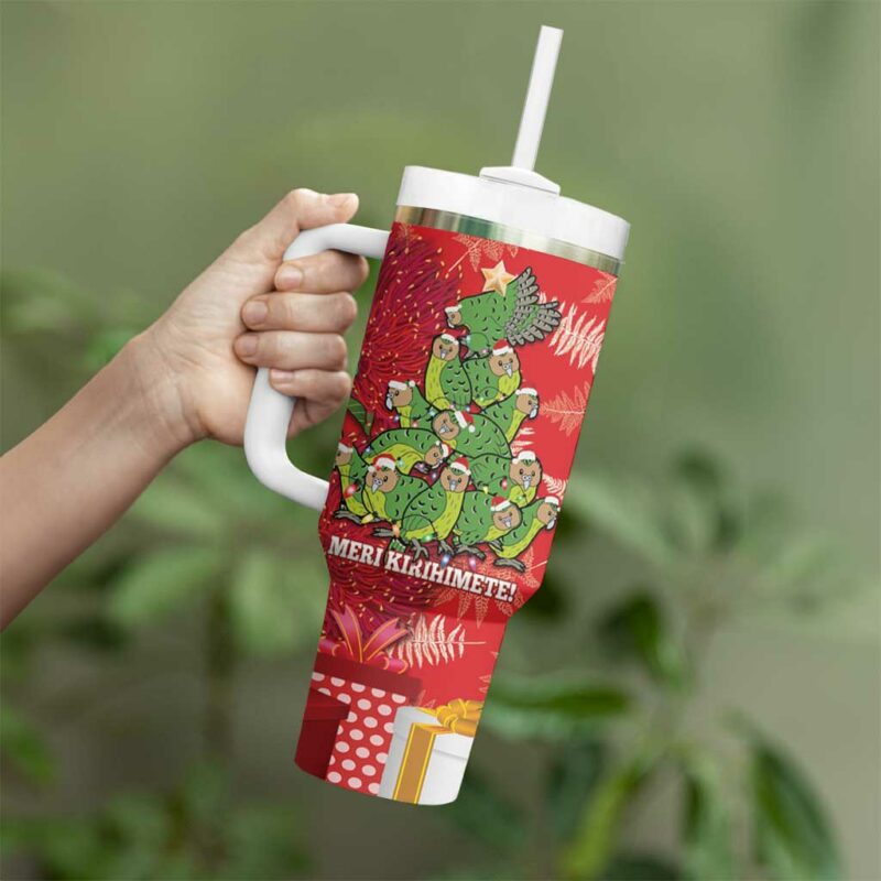 Kakapo New Zealand Christmas Meri Kirihimete Pohutukawa Red Color Custom Stanley Quencher 40oz Stainless Steel Tumbler With Handle - Threewoofs - Image 3
