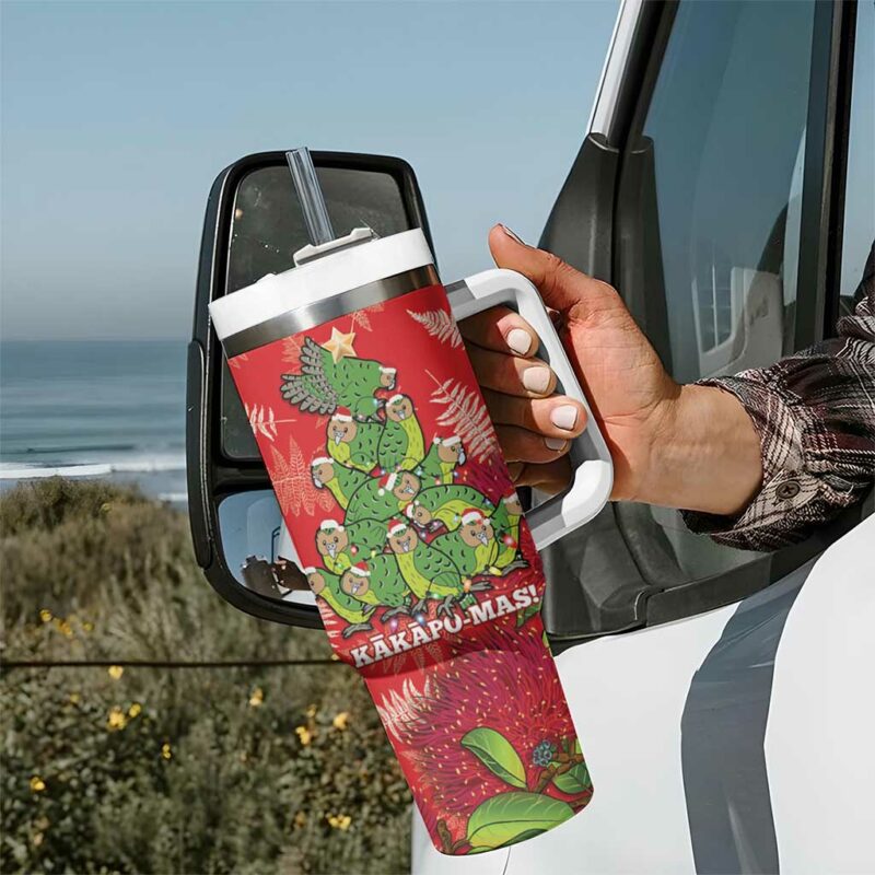Kakapo New Zealand Christmas Meri Kirihimete Pohutukawa Red Color Custom Stanley Quencher 40oz Stainless Steel Tumbler With Handle - Threewoofs - Image 7