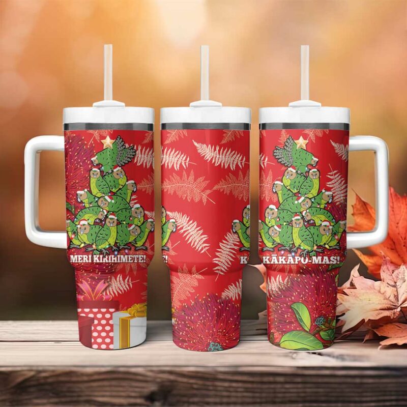 Kakapo New Zealand Christmas Meri Kirihimete Pohutukawa Red Color Custom Stanley Quencher 40oz Stainless Steel Tumbler With Handle - Threewoofs - Image 4