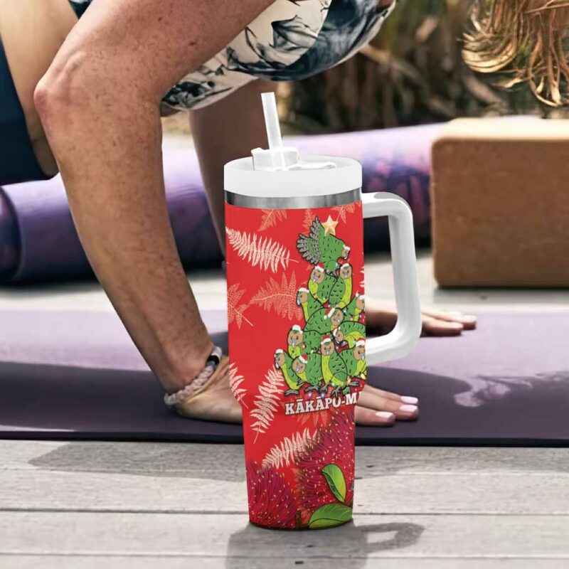 Kakapo New Zealand Christmas Meri Kirihimete Pohutukawa Red Color Custom Stanley Quencher 40oz Stainless Steel Tumbler With Handle - Threewoofs - Image 6
