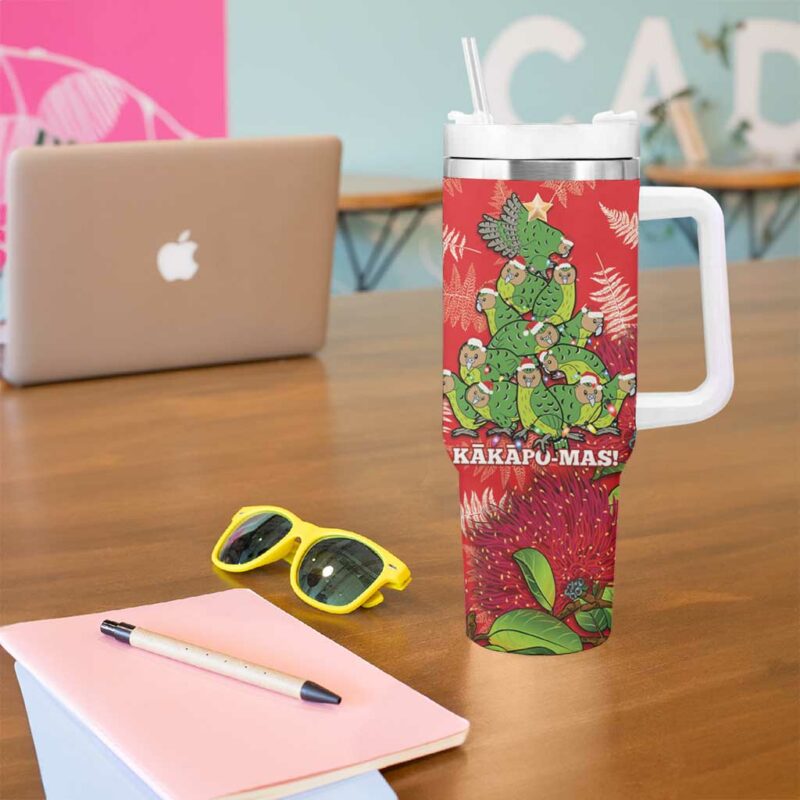 Kakapo New Zealand Christmas Meri Kirihimete Pohutukawa Red Color Custom Stanley Quencher 40oz Stainless Steel Tumbler With Handle - Threewoofs - Image 5