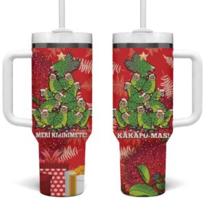 Kakapo New Zealand Christmas Meri Kirihimete Pohutukawa Red Color Custom Stanley Quencher 40oz Stainless Steel Tumbler With Handle - Threewoofs