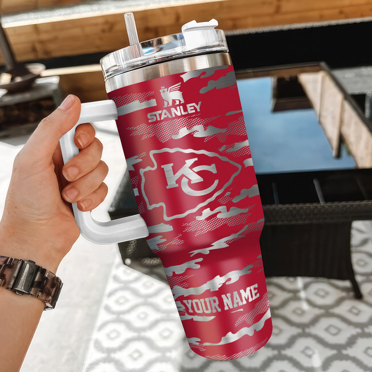 Customizable Kansas City Chiefs Stainless Steel Tumbler with Handle - Image 3