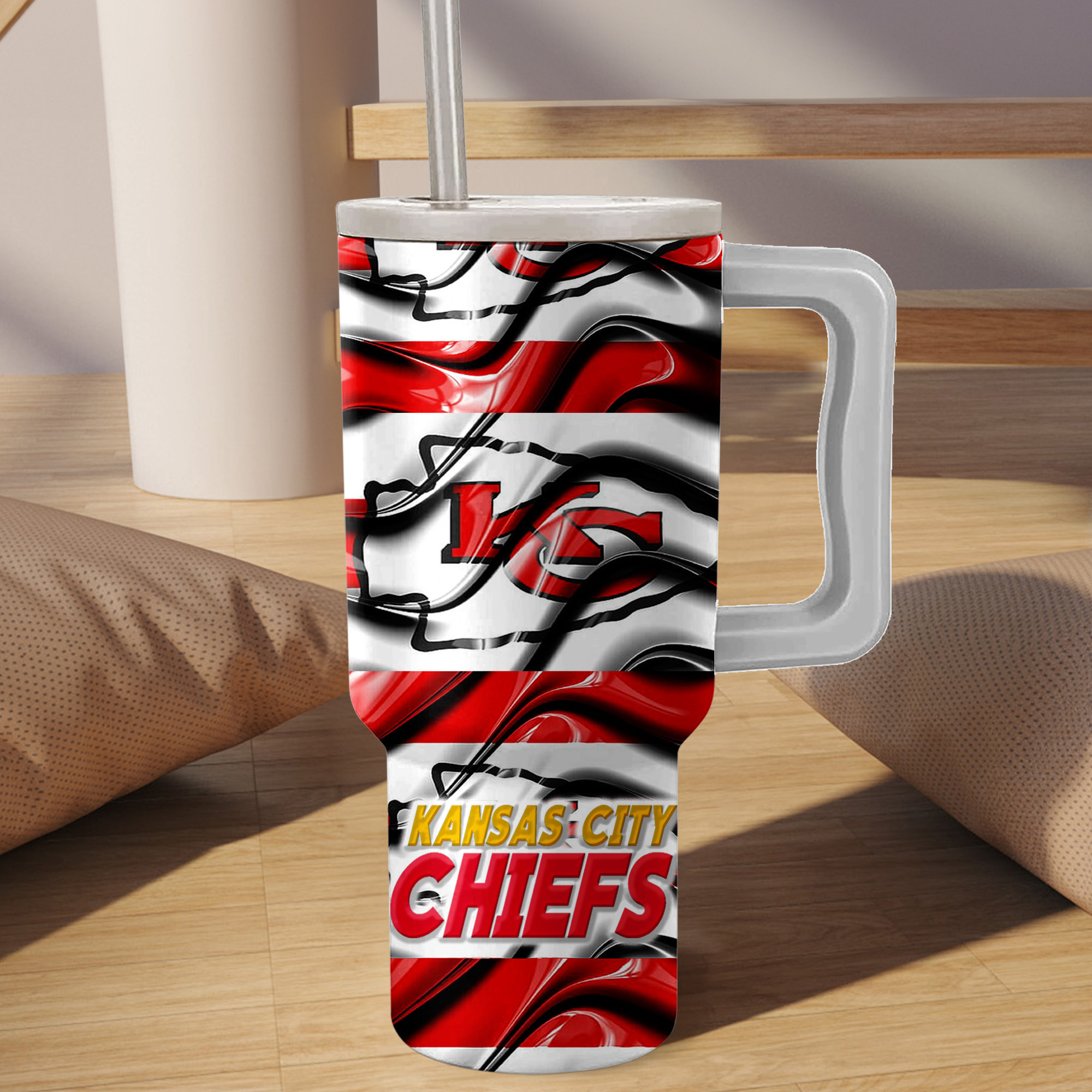 Go Chiefs! Insulated Tumbler with Handle & Straw - Show Your Team Spirit - Image 2
