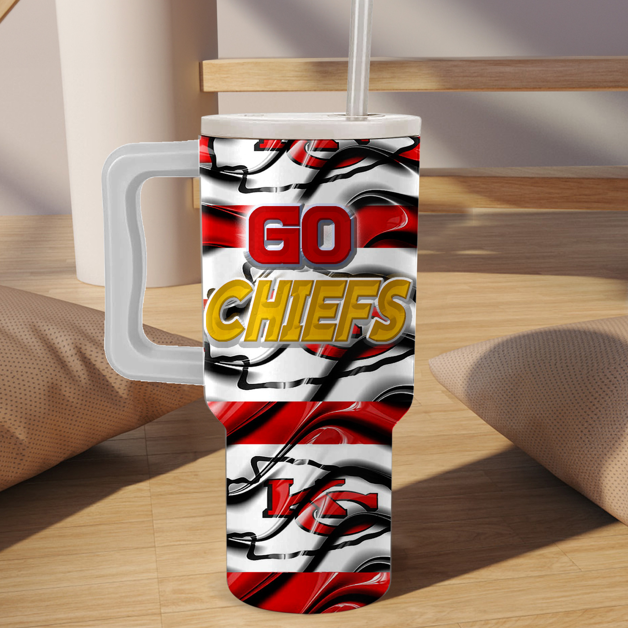 Go Chiefs! Insulated Tumbler with Handle & Straw - Show Your Team Spirit - Image 3
