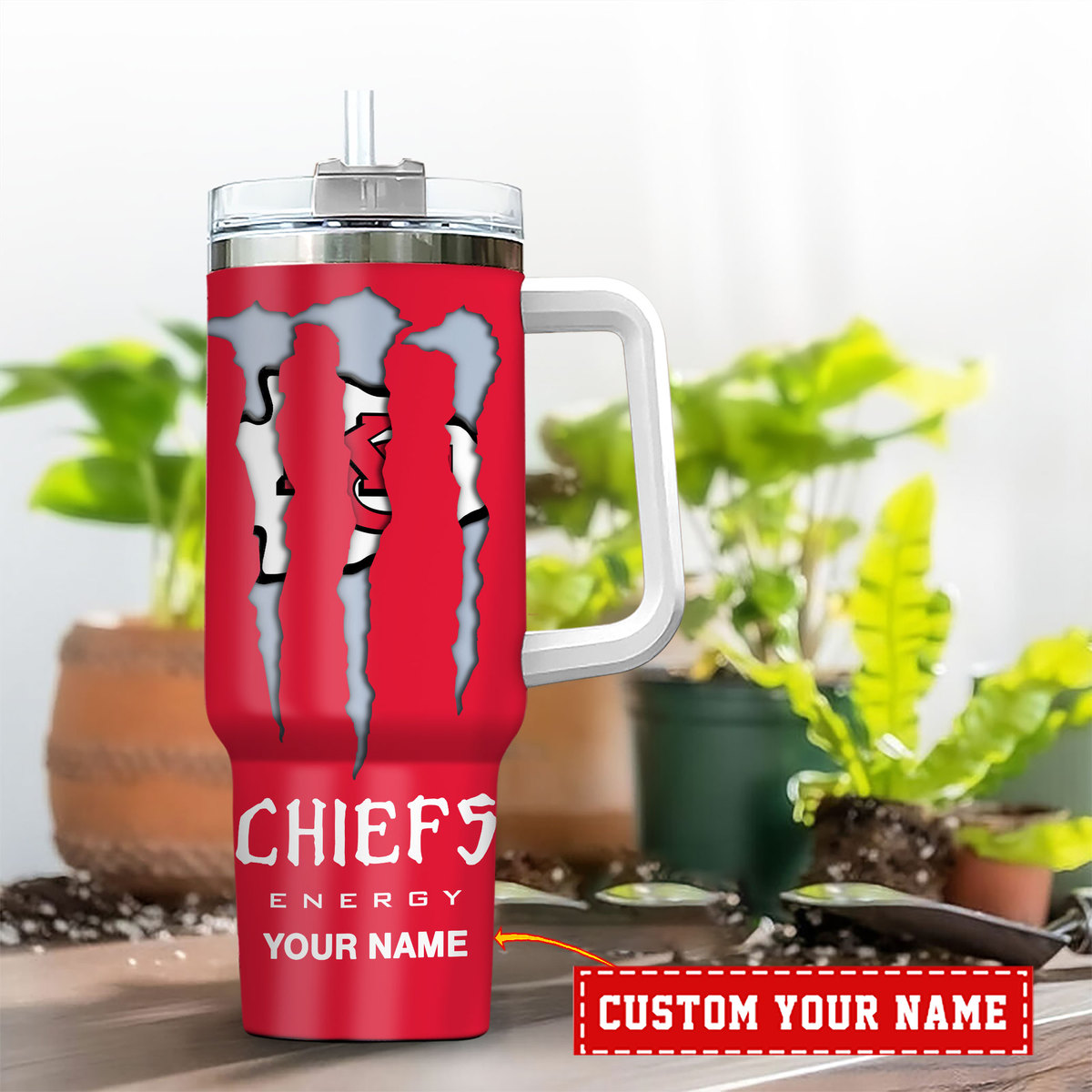 Customizable Chiefs Energy Drink Tumbler with Handle and Straw - Image 2