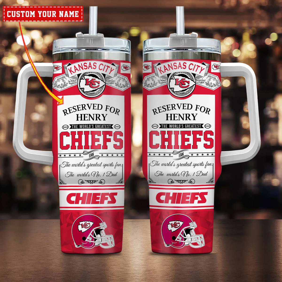 Custom Kansas City Chiefs Tumbler with Handle - Personalized NFL Fan Gift
