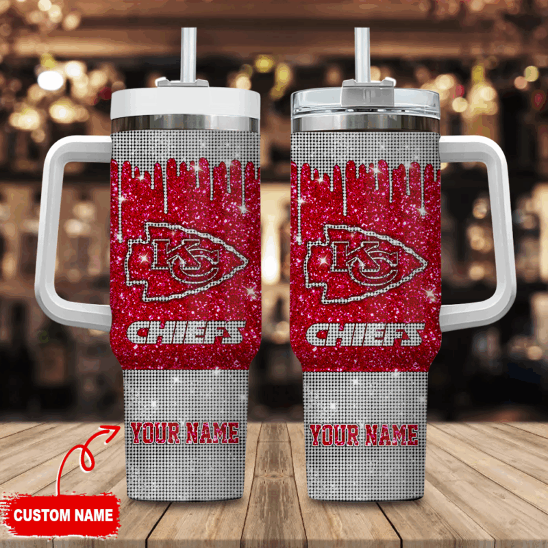 Kansas City Chiefs NFL Glitter Custom Stanley Quencher 40oz Stainless Steel Tumbler With Handle - Threewoofs