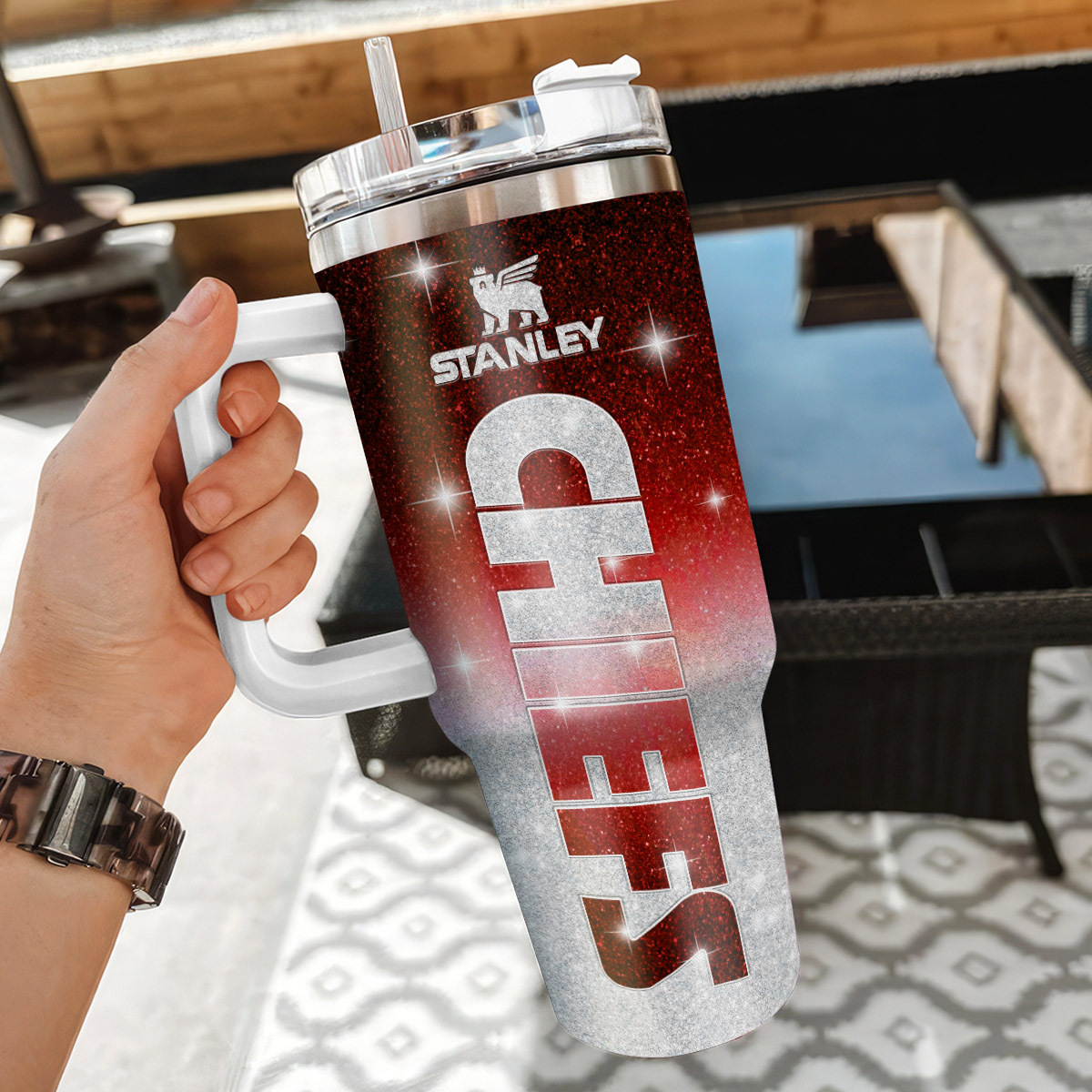 Personalized Chiefs Tumbler - Custom Name Glitter Mug with Handle - Image 3