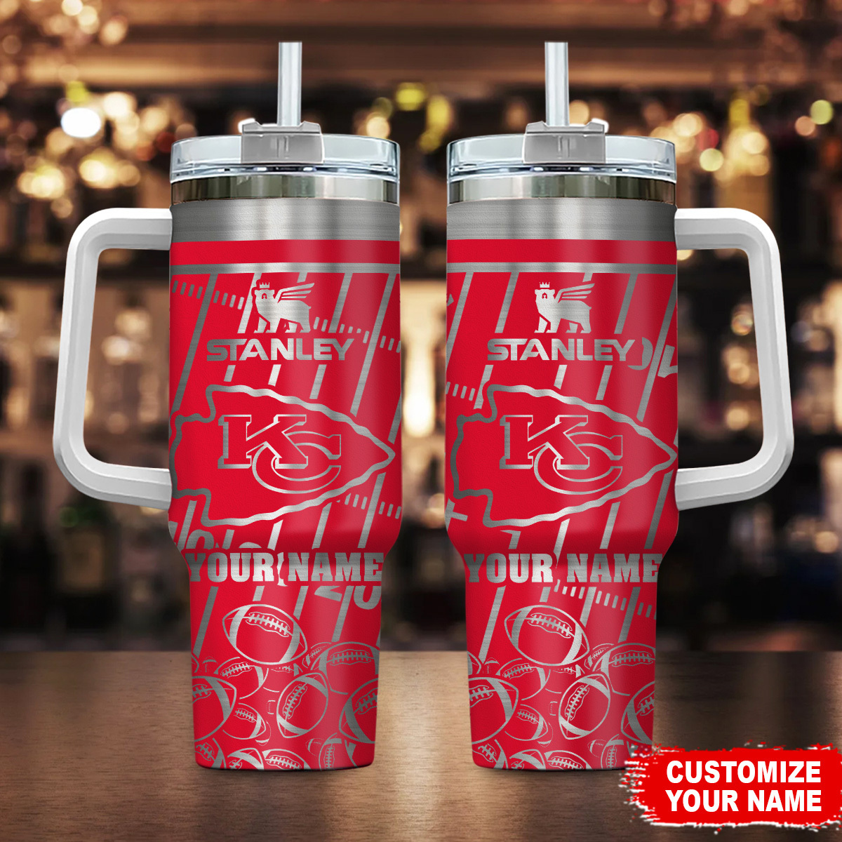 Customizable Stanley Tumbler with Kansas City Chiefs Design and Personal Name