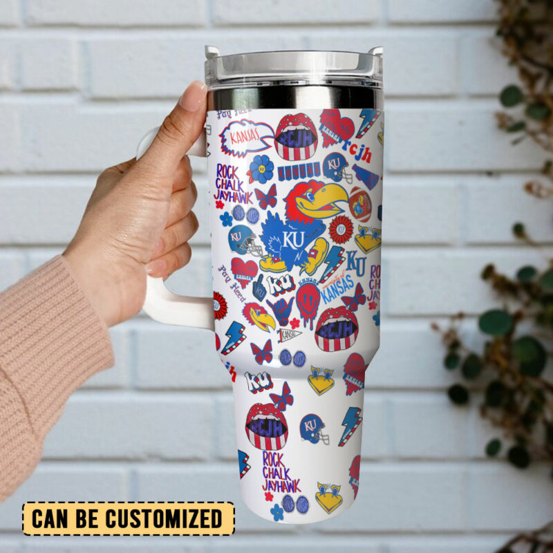 Kansas Jayhawks NCAA Sports Custom Stanley Quencher 40oz Stainless Steel Tumbler With Handle - Threewoofs - Image 3