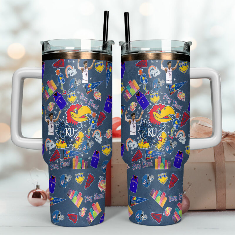 Kansas Jayhawks NCAA Sports Custom Stanley Quencher 40oz Stainless Steel Tumbler With Handle - Threewoofs - Image 4