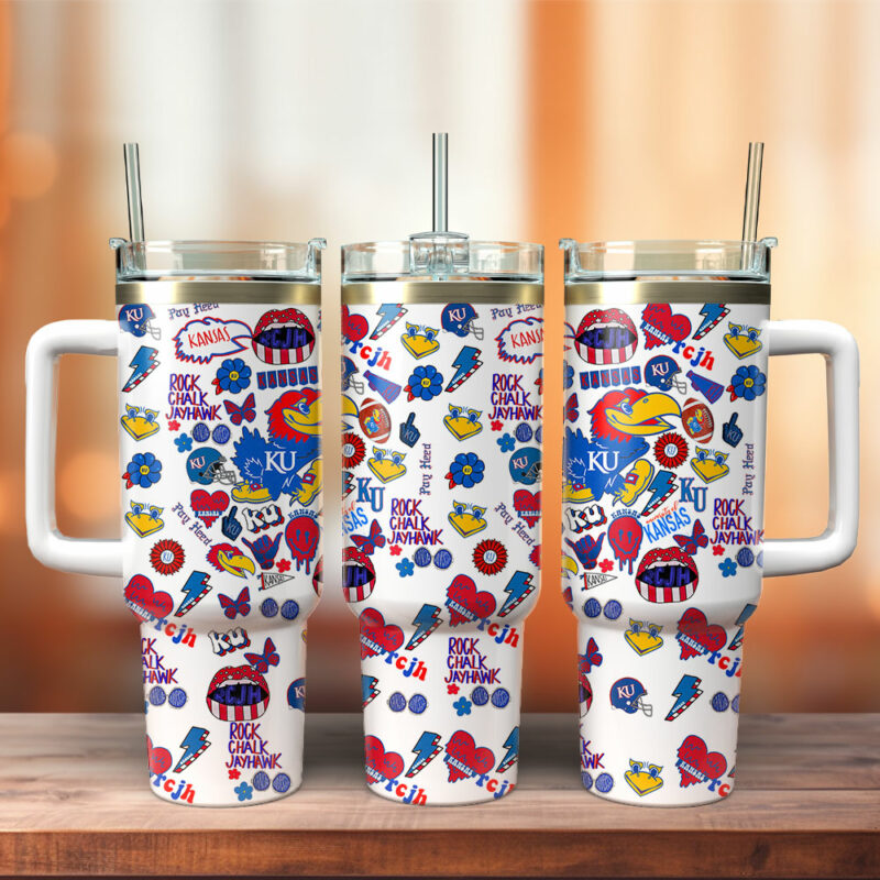 Kansas Jayhawks NCAA Sports Custom Stanley Quencher 40oz Stainless Steel Tumbler With Handle - Threewoofs