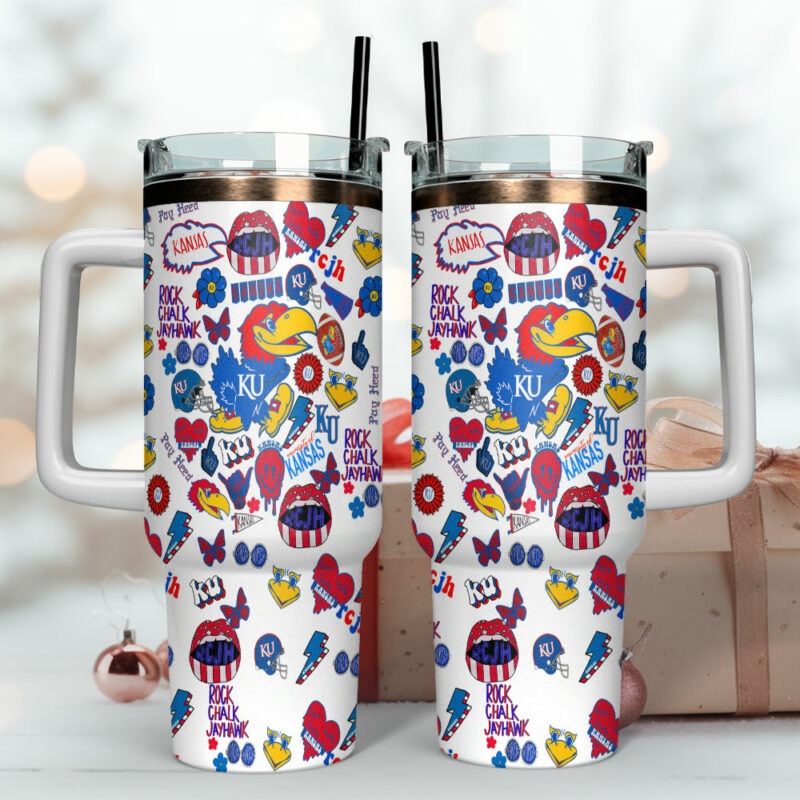 Kansas Jayhawks NCAA Sports Custom Stanley Quencher 40oz Stainless Steel Tumbler With Handle - Threewoofs - Image 4
