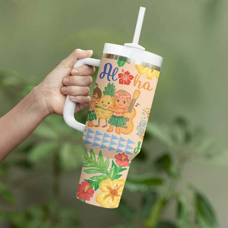 Kawaii Hula Girls Aloha Hibiscus Flowers Custom Stanley Quencher 40oz Stainless Steel Tumbler With Handle - Threewoofs - Image 3