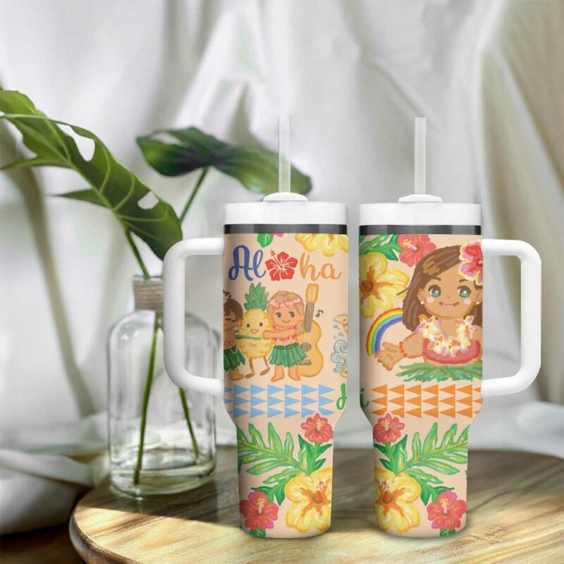 Kawaii Hula Girls Aloha Hibiscus Flowers Custom Stanley Quencher 40oz Stainless Steel Tumbler With Handle - Threewoofs - Image 9
