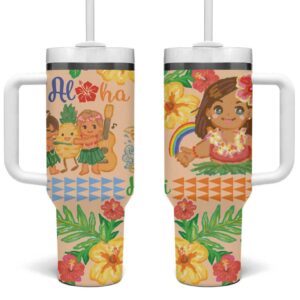 Kawaii Hula Girls Aloha Hibiscus Flowers Custom Stanley Quencher 40oz Stainless Steel Tumbler With Handle - Threewoofs