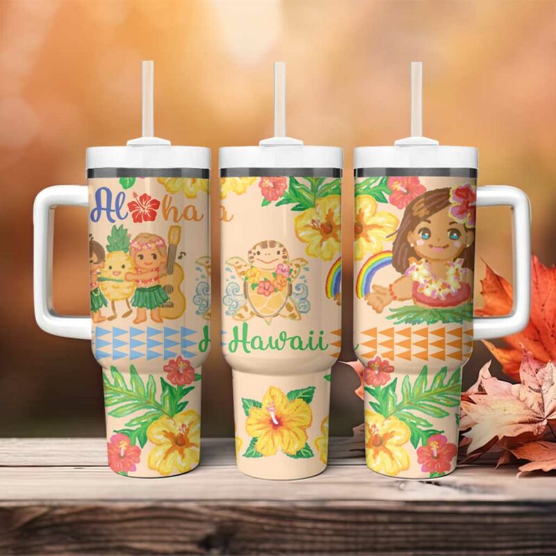 Kawaii Hula Girls Aloha Hibiscus Flowers Custom Stanley Quencher 40oz Stainless Steel Tumbler With Handle - Threewoofs - Image 4