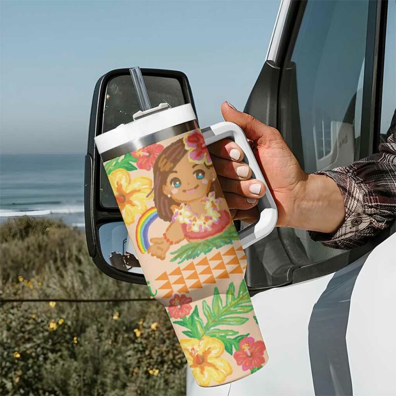 Kawaii Hula Girls Aloha Hibiscus Flowers Custom Stanley Quencher 40oz Stainless Steel Tumbler With Handle - Threewoofs - Image 7