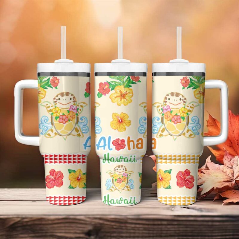 Kawaii Turtle Aloha Hibiscus Flowers Custom Stanley Quencher 40oz Stainless Steel Tumbler With Handle - Threewoofs - Image 4