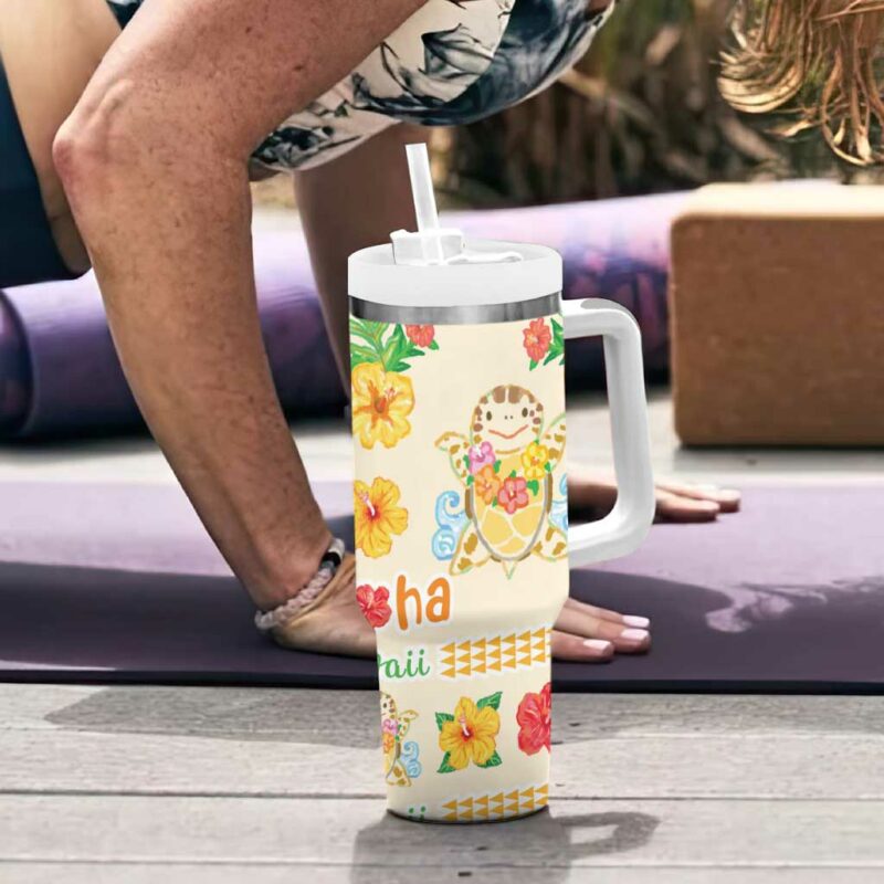 Kawaii Turtle Aloha Hibiscus Flowers Custom Stanley Quencher 40oz Stainless Steel Tumbler With Handle - Threewoofs - Image 6
