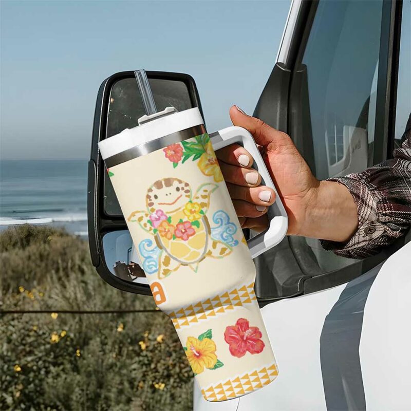 Kawaii Turtle Aloha Hibiscus Flowers Custom Stanley Quencher 40oz Stainless Steel Tumbler With Handle - Threewoofs - Image 7