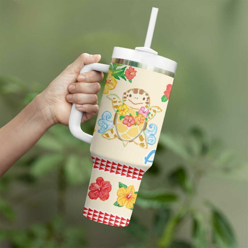 Kawaii Turtle Aloha Hibiscus Flowers Custom Stanley Quencher 40oz Stainless Steel Tumbler With Handle - Threewoofs - Image 3