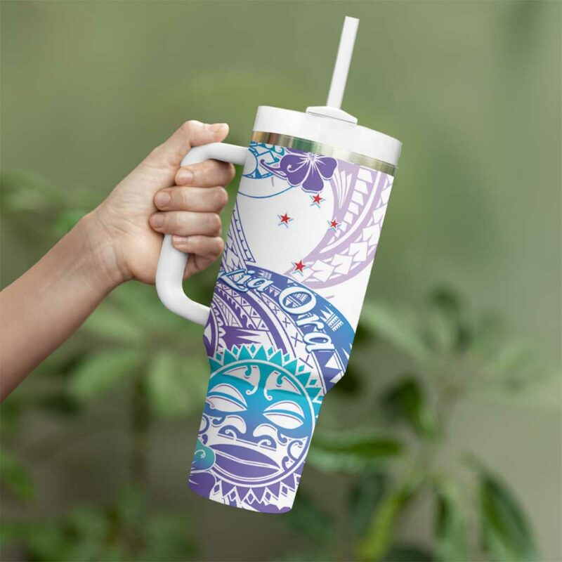 Kia Ora Maori New Zealand Pastel Sun Ta Moko Violet Custom Stanley Quencher 40oz Stainless Steel Tumbler With Handle - Threewoofs - Image 3