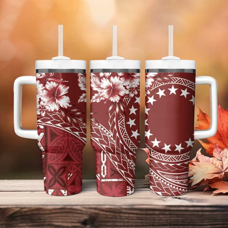 Kia Orana Cook Islands Tiare & Stars Scarlet Custom Stanley Quencher 40oz Stainless Steel Tumbler With Handle - Threewoofs - Image 4
