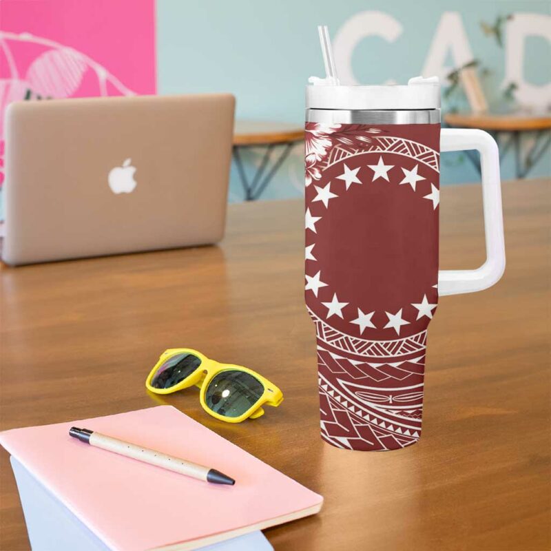 Kia Orana Cook Islands Tiare & Stars Scarlet Custom Stanley Quencher 40oz Stainless Steel Tumbler With Handle - Threewoofs - Image 5