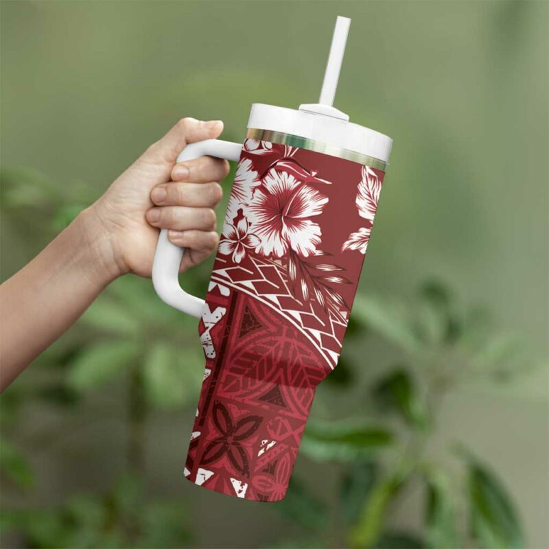 Kia Orana Cook Islands Tiare & Stars Scarlet Custom Stanley Quencher 40oz Stainless Steel Tumbler With Handle - Threewoofs - Image 3