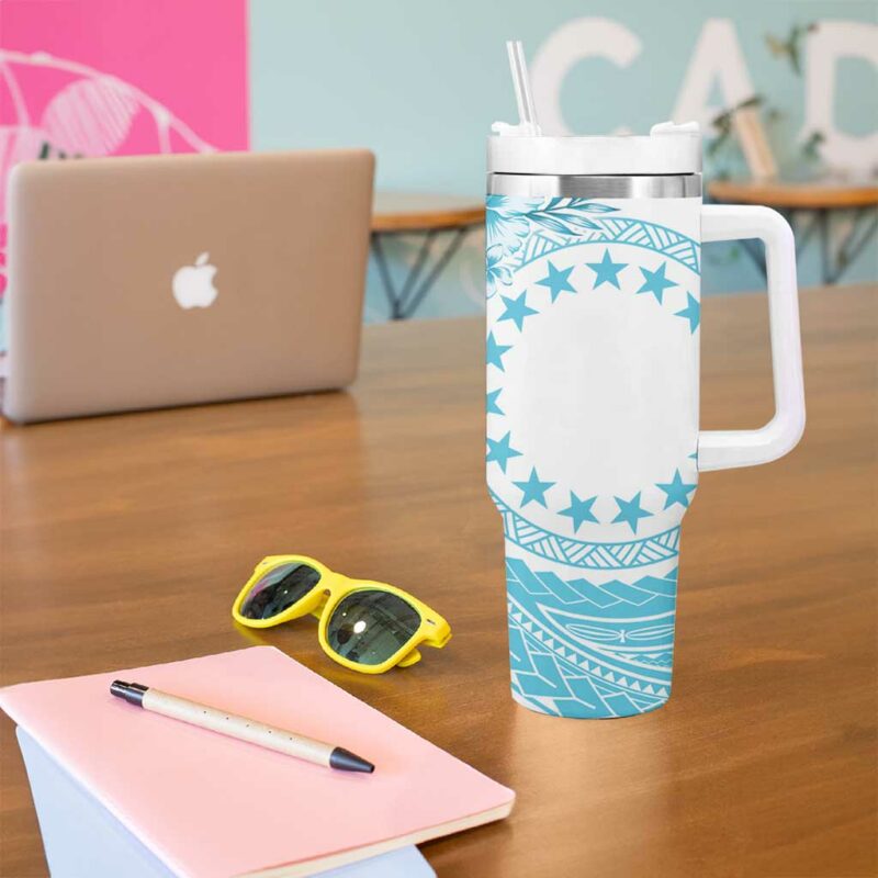 Kia Orana Cook Islands Tiare & Stars Turquoise Custom Stanley Quencher 40oz Stainless Steel Tumbler With Handle - Threewoofs - Image 5
