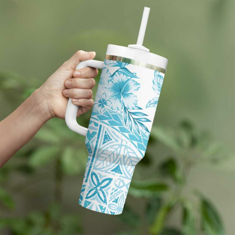Kia Orana Cook Islands Tiare & Stars Turquoise Custom Stanley Quencher 40oz Stainless Steel Tumbler With Handle - Threewoofs - Image 3