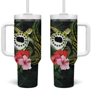 Kia Orana Cook Islands Turtle and Hibiscus Polynesian Custom Stanley Quencher 40oz Stainless Steel Tumbler With Handle - Threewoofs