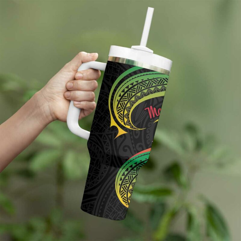 Kiribati Red Jasmine Mango Reggae Polynesian Art Custom Stanley Quencher 40oz Stainless Steel Tumbler With Handle - Threewoofs - Image 3