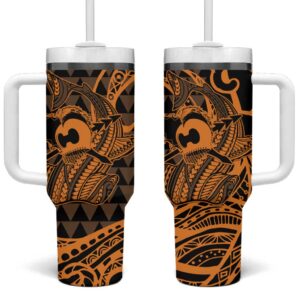 Koa Ikaika Warrior Helmet with Shark Gold Kakau Custom Stanley Quencher 40oz Stainless Steel Tumbler With Handle - Threewoofs