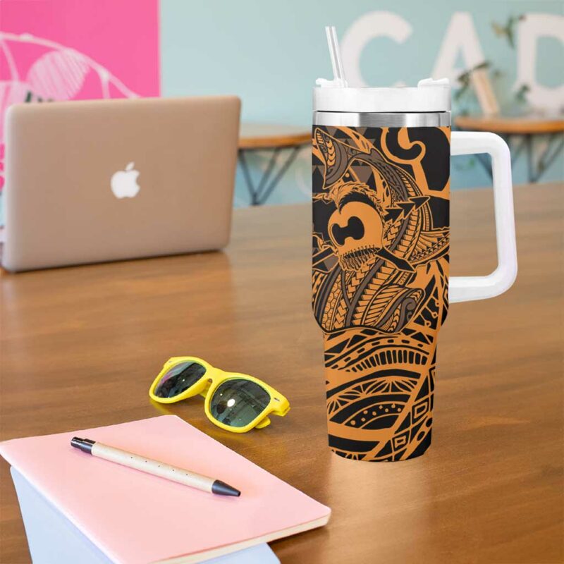 Koa Ikaika Warrior Helmet with Shark Gold Kakau Custom Stanley Quencher 40oz Stainless Steel Tumbler With Handle - Threewoofs - Image 5