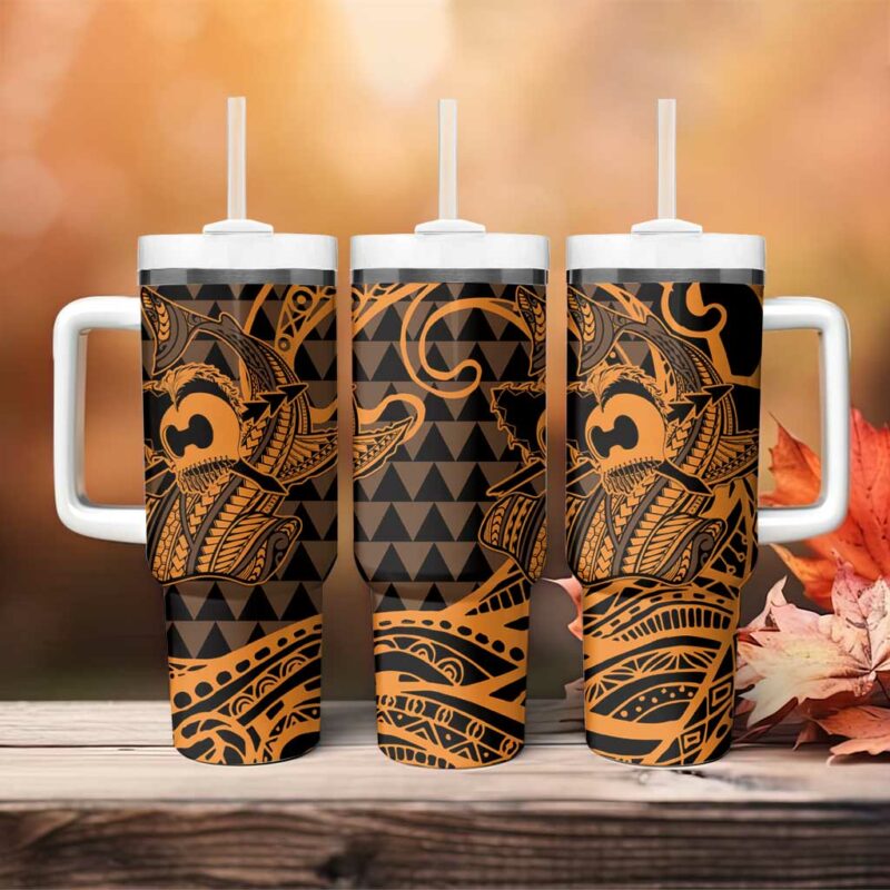 Koa Ikaika Warrior Helmet with Shark Gold Kakau Custom Stanley Quencher 40oz Stainless Steel Tumbler With Handle - Threewoofs - Image 4