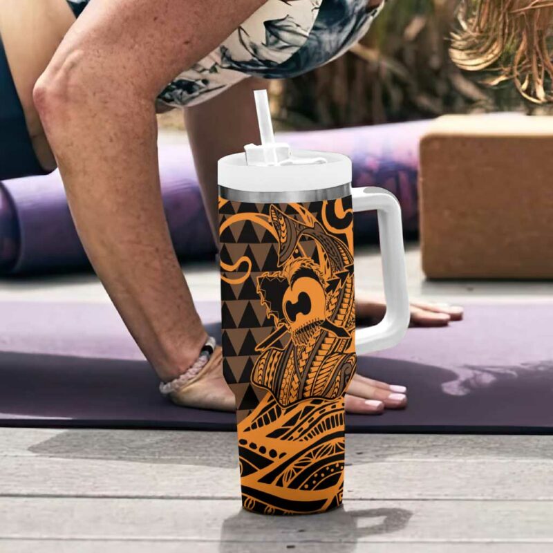 Koa Ikaika Warrior Helmet with Shark Gold Kakau Custom Stanley Quencher 40oz Stainless Steel Tumbler With Handle - Threewoofs - Image 6