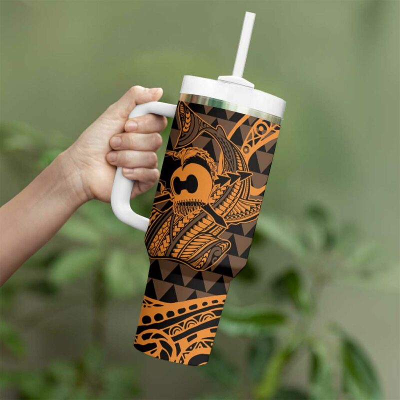 Koa Ikaika Warrior Helmet with Shark Gold Kakau Custom Stanley Quencher 40oz Stainless Steel Tumbler With Handle - Threewoofs - Image 3