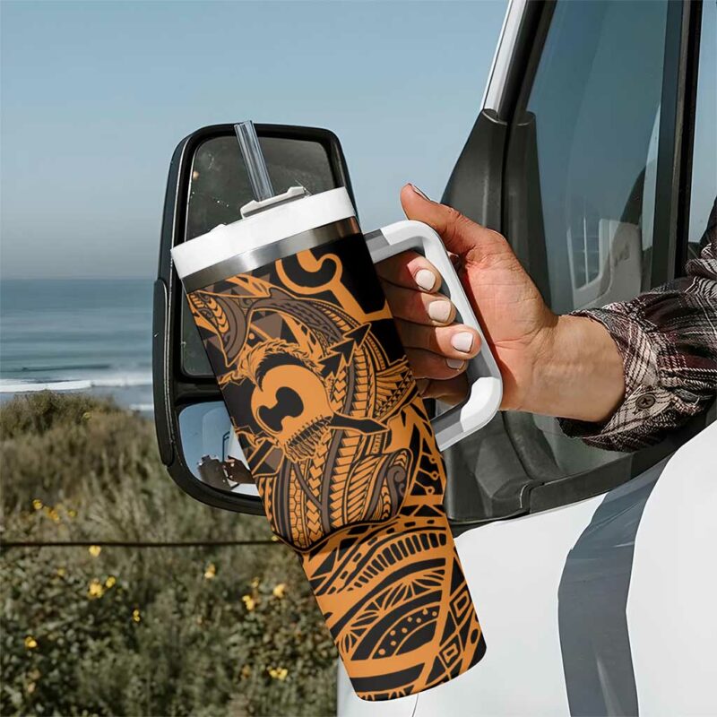 Koa Ikaika Warrior Helmet with Shark Gold Kakau Custom Stanley Quencher 40oz Stainless Steel Tumbler With Handle - Threewoofs - Image 7