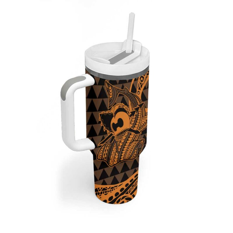 Koa Ikaika Warrior Helmet with Shark Gold Kakau Custom Stanley Quencher 40oz Stainless Steel Tumbler With Handle - Threewoofs - Image 2