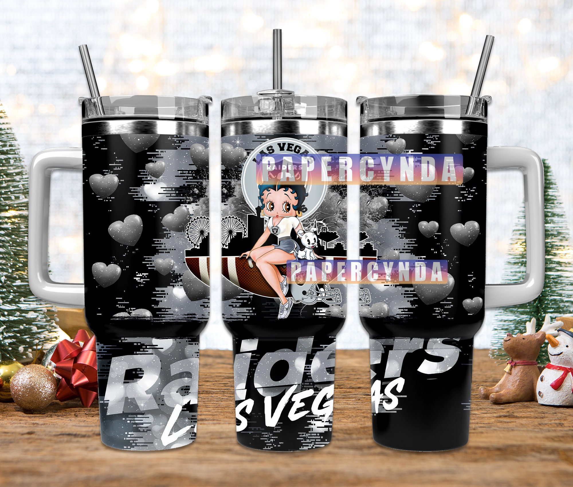 Las Vegas Raiders Tumbler with Handle & Straw - Heart Design