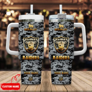 Custom Raiders Camouflage Tumbler with Handle - Personalized Stanley Mug