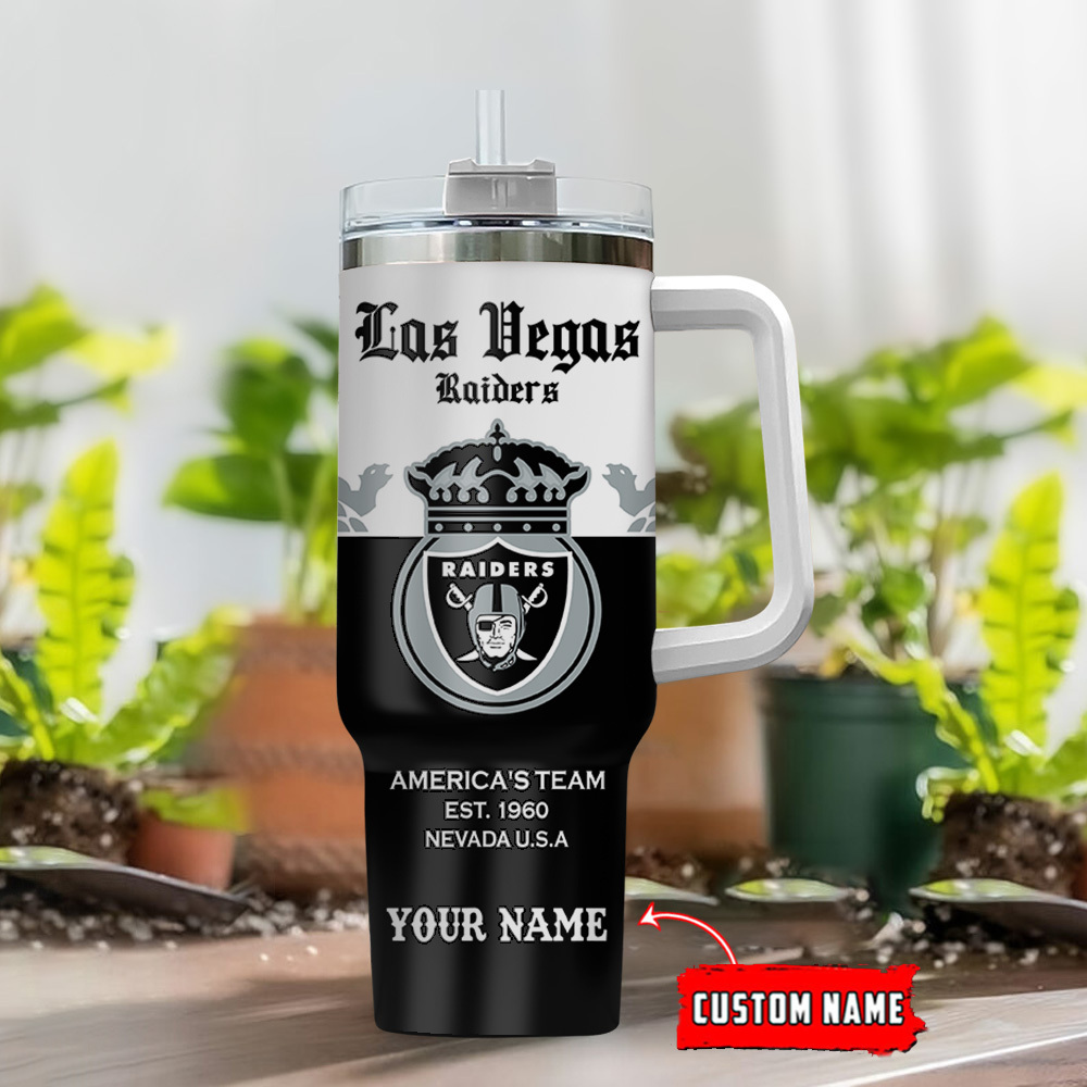 Custom Las Vegas Raiders Tumbler with Handle & Straw - Personalized with Your Name - Image 2