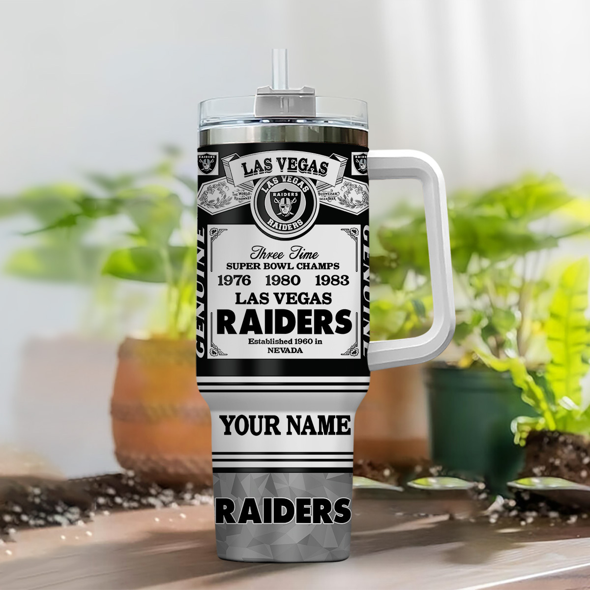 Personalized Las Vegas Raiders Tumbler with Handle - Custom Name Drinkware - Image 2