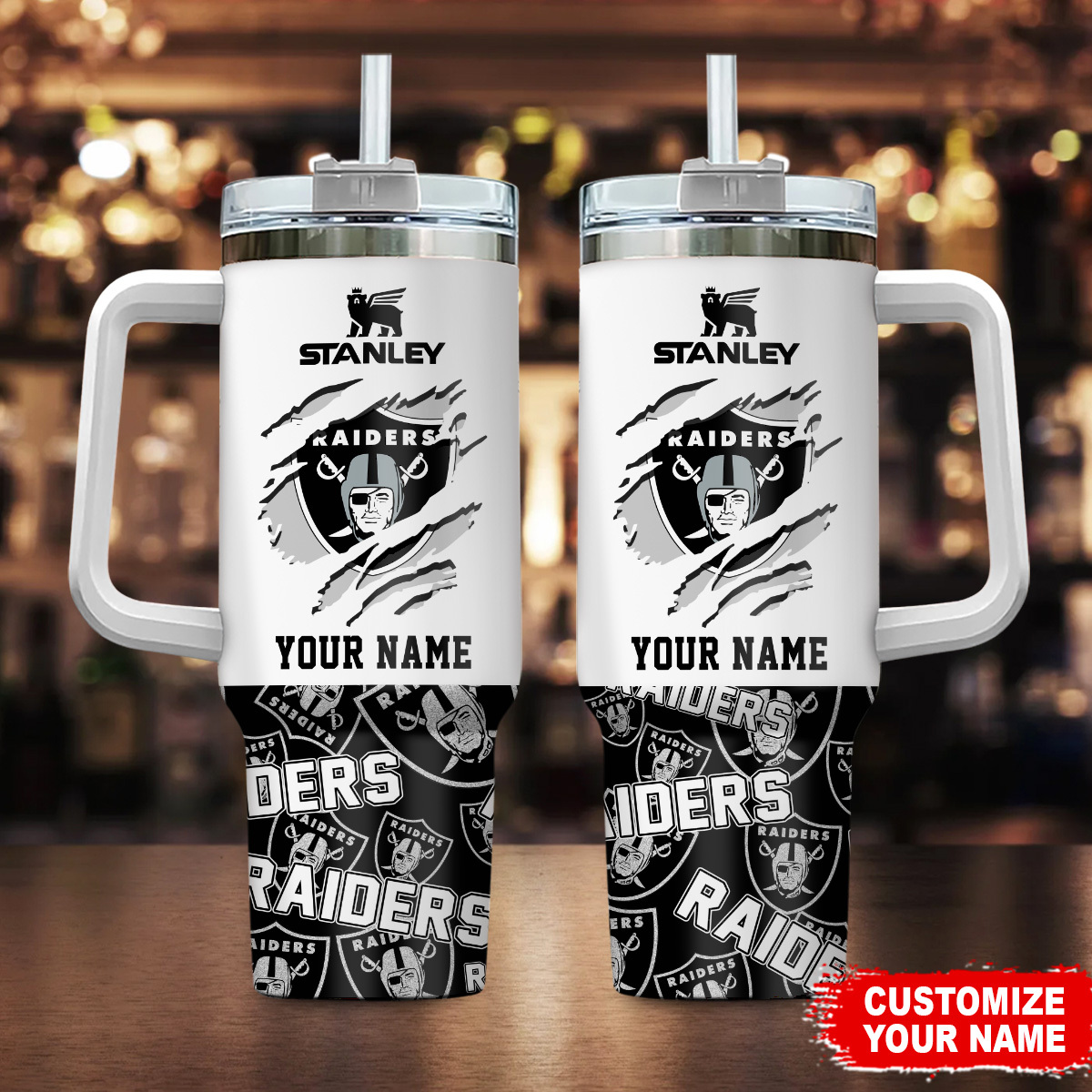 Personalized Raiders Tumbler with Handle - Custom Name Insulated Mug