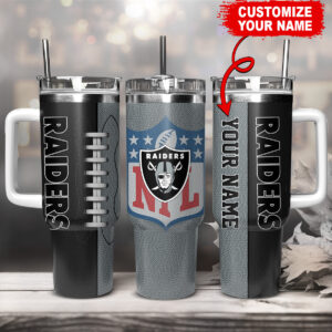 Customizable Raiders Tumbler - Personalized NFL Football Mug with Handle & Straw